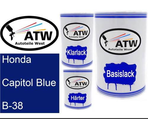 Honda, Capitol Blue, B-38: 500ml Lackdose + 500ml Klarlack + 250ml Härter - Set, von ATW Autoteile West.